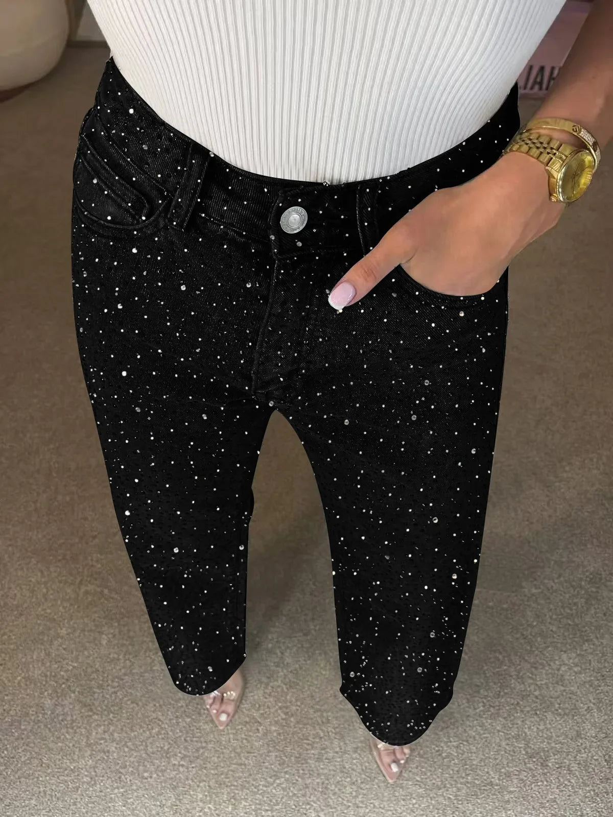 Vaqueros con lentes brillantes para mujer