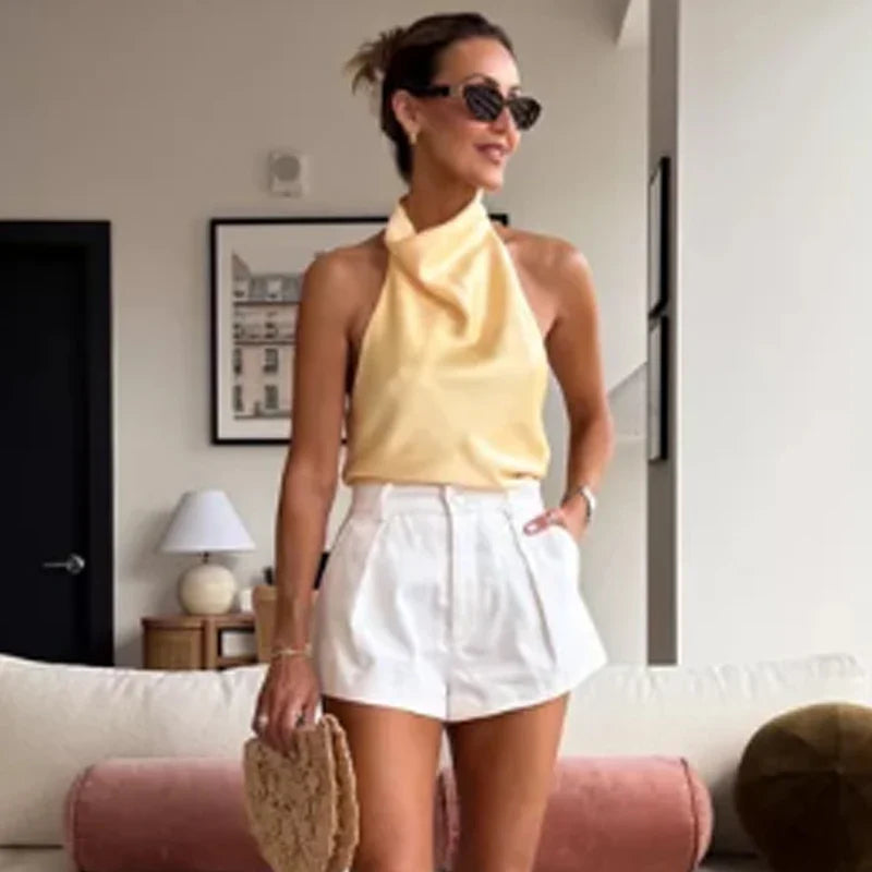 Top corsé halter de satén para mujer