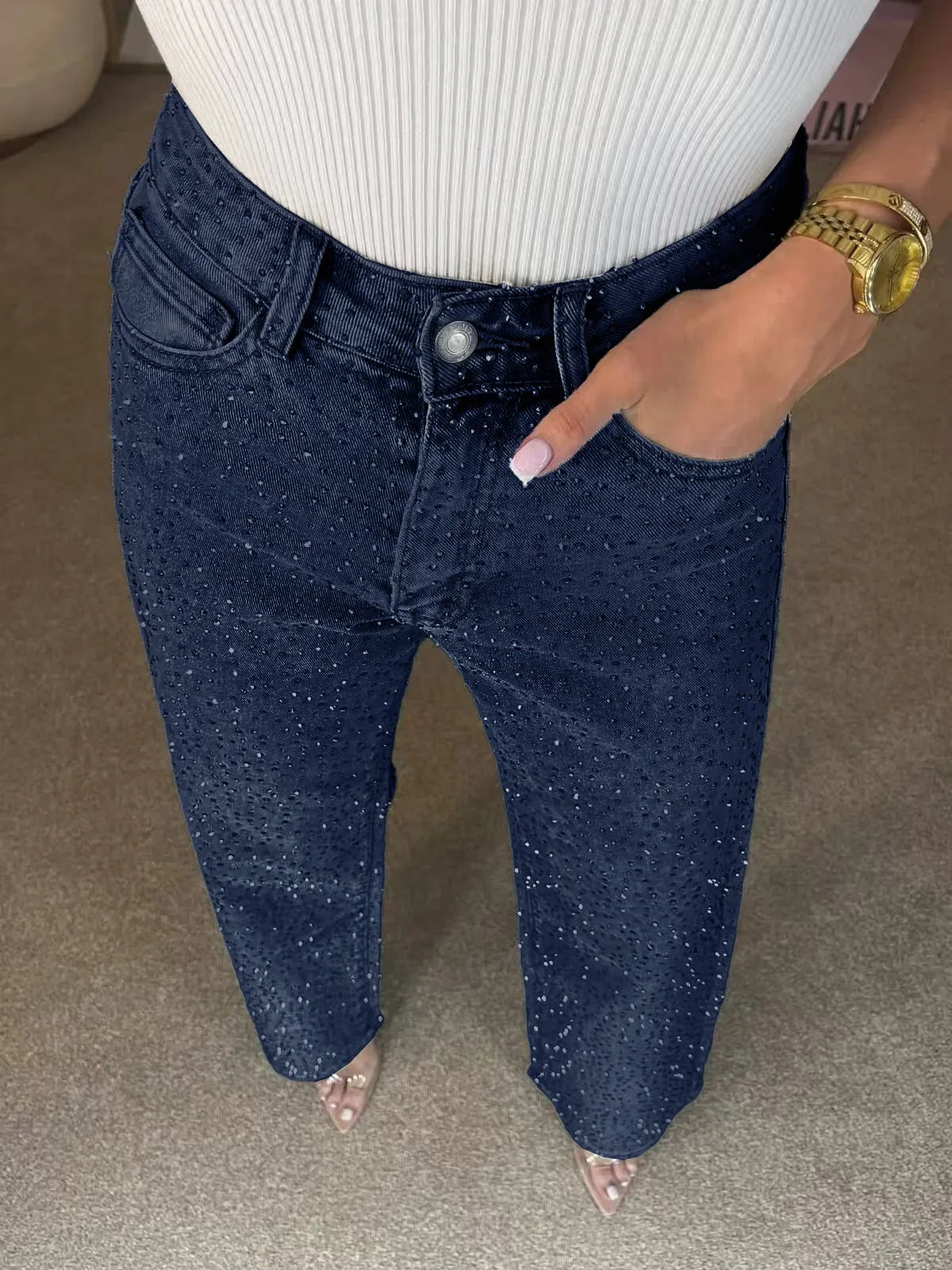 Vaqueros con lentes brillantes para mujer