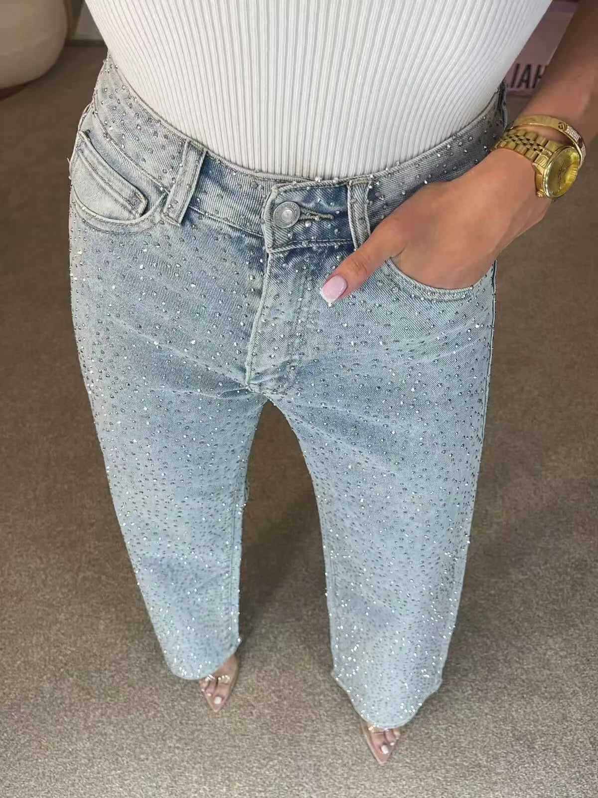 Vaqueros con lentes brillantes para mujer