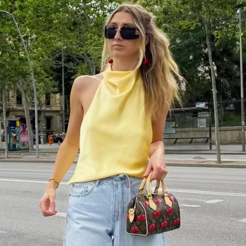 Top corsé halter de satén para mujer