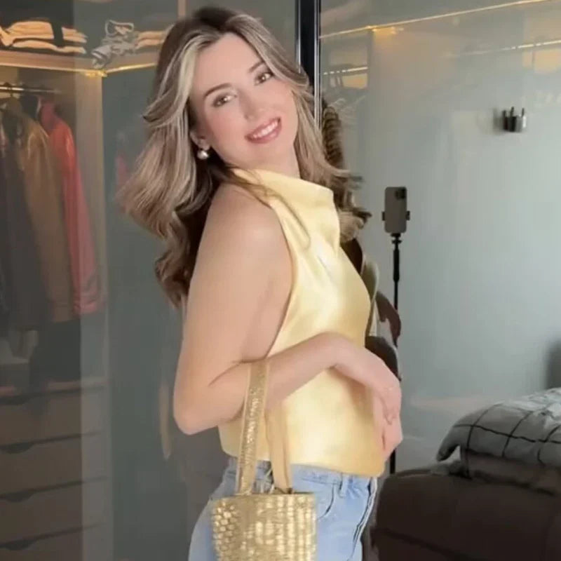 Top corsé halter de satén para mujer